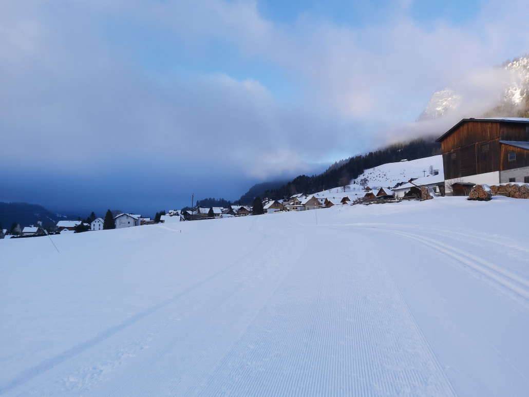 Nur noch ein paar skating Schwünge dank der Abkürzung mit Blick zur nicht mehr weit liegenden Talstation der ersten Sektion.