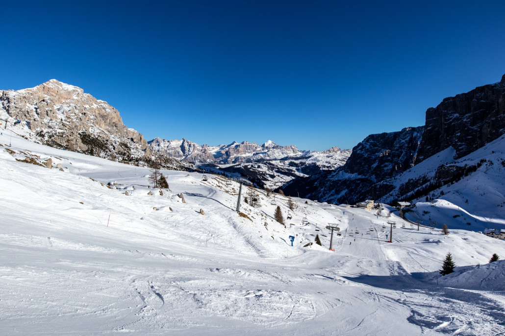 Die Piste nach Corvara ist schon ziemlich abgefahren.