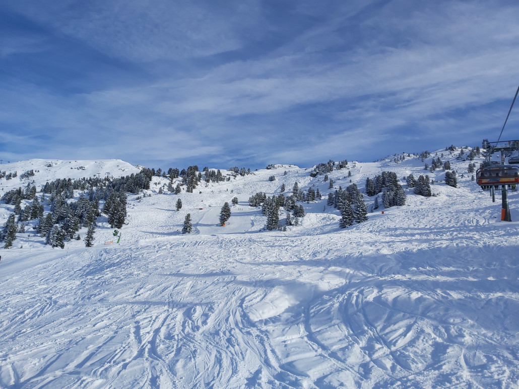 Die Piste am Karspitz mit den Bäumen geht noch ausgezeichnet.