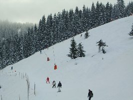 Hier leider die schlechteste Abfahrt des ganzen Tages: Der letzte Hang hinab zur Talstation der Kummereralmbahn. Vereist, steinig, und zu viele Leute