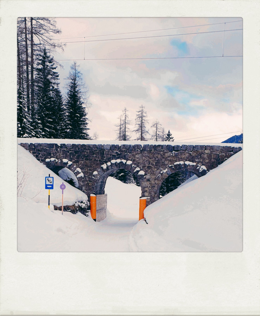 Hier schon auf der Talabfahrt, ich liebe diese Stellen, wo es unter dem Viadukt durchgeht. Die Talabahrt ist steil, kurvig, waldig, herrlich. Aber nichts für schwache Nerven, man muss hier wirklich Skifahren können. Anfänger, die keinen Kurzschwung beherrschen, haben mit Sicherheit keinen Spaß.
