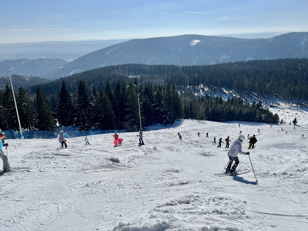 Steilhang der Pisten 1+2 gegen 12.30Uhr dann wie immer mit größeren Haufen, aber lockerer Schnee und keine schweren Sulzbuckel