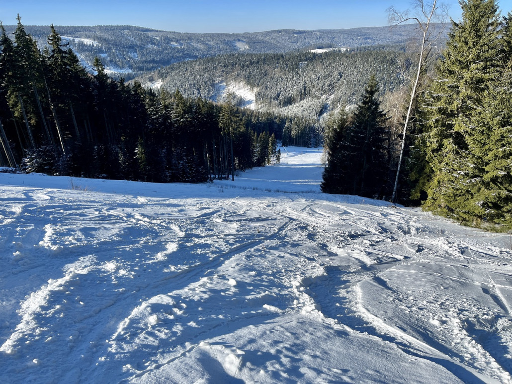 Schneesituation nach etwa 1/3 der Abfahrt - hier nichts mehr verblasen da der Wald sich schützend gegen den Wind wehrt