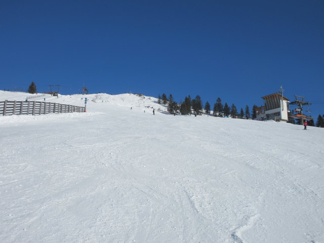 Latschenalmliftpiste West, rechts die Bergstation des 4-CLF Latschenalm (1.505 m), links im Hintergrund die Bergstation des 2-SL Wieserhörndl (1.567 m)