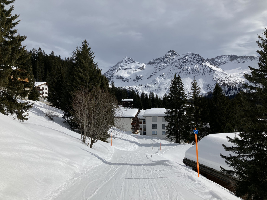11h, eine "Heimfahrpiste". Im unteren Abschnitt führt die Abfahrt einerseits durch das Quartier und andererseits durch kleine Wälder. Da wir am Ende den Bus verpassten, spazierten wir gemütlich zur Weisshornbahn, was etwa 15 Minuten dauerte.