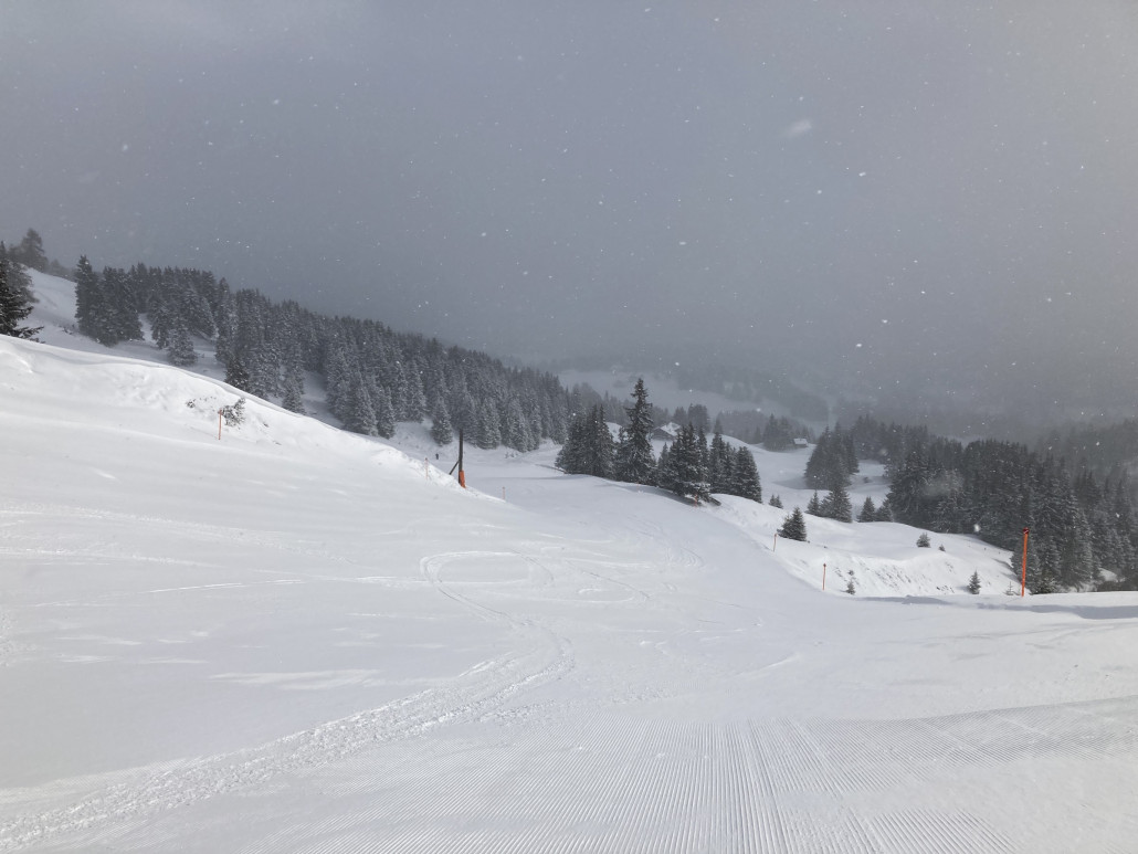Schäfermulde (Piste 40) mit einer leichten Neuschneeauflage (hauptsächlich ein Kind des Windes).