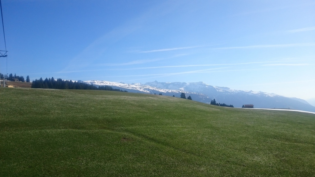 Im Faleralift. Statt Schnee spriessen nun die Blümchen.