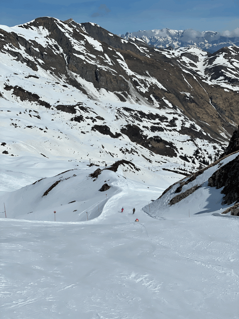 ... und nach vorn in den unverhofft offenen, oberen Teil der Hohen Scharte Abfahrt. Der über die kleine Scharte zu erreichende Teil war gegen 11:00 schon sehr sulzig. Sogesehen ist die Hohe Scharte Bahn in dieser Jahreszeit ein immenser Mehrwert.