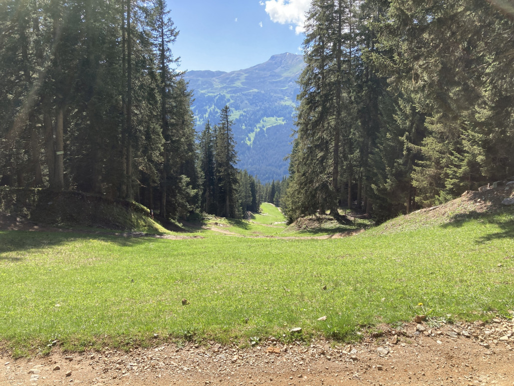 Im mittleren Verlauf der blauen Abfahrt von Scharmoin herunter