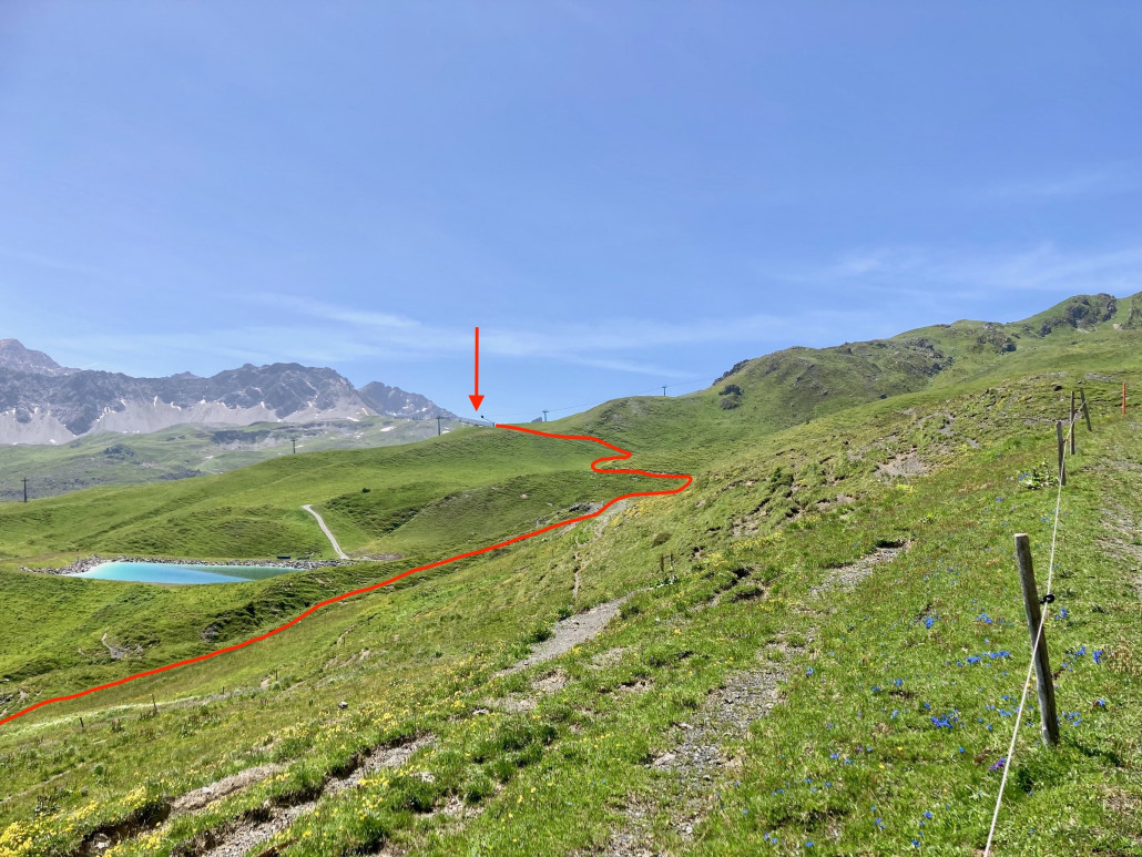 Streckenverlauf der blauen 9a von der Carmenna Mittelstation (Pfeil) zur Mittleren Hütte. Links der Speichersee Hintere Hütte.