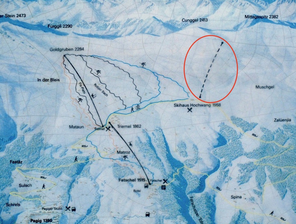 Alter Pistenplan des Skigebiets Hochwang mit projektiertem Skilift Cunggel