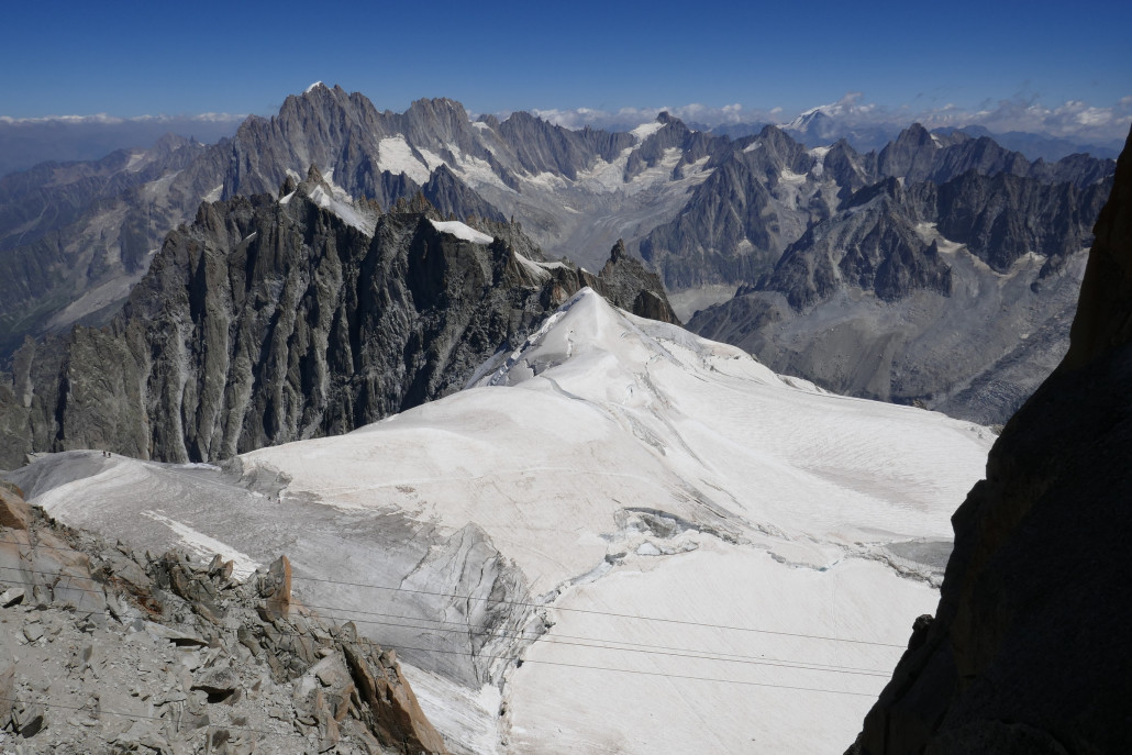 Blick nach Osten: Start der Vallée Blanche Abfahrt im Winter. Dahinter (im Kessel) der Talèfre Gletscher. Dazwischen verläuft im Tal das Vallée Blanche. Oben links ist ganz klein die Grande Montets Bergstation zu sehen.