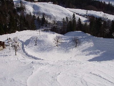 Das Finale mit den Obstbäumen. Dahinter der Parkplatz zur Seilbahn. Kommt ganz gut mit ein wenig Schieben oder genug Schwung über den Bach und rauf zum Parkplatz