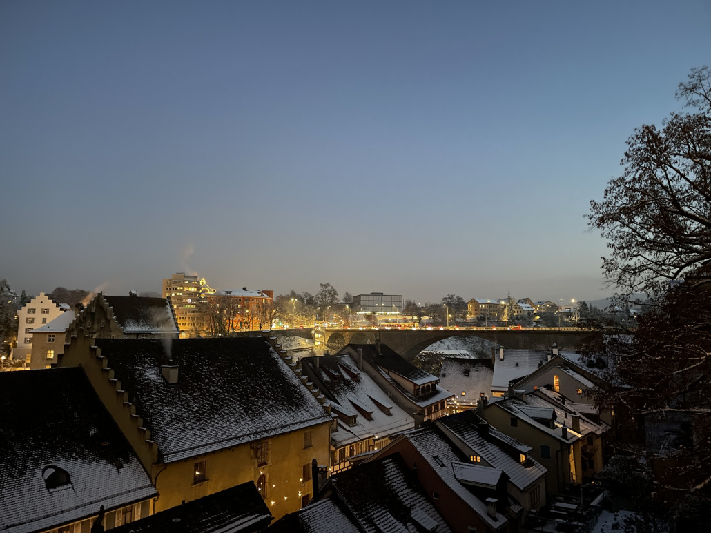 Blick über die Dächer der Altstadt auf die Hochbrücke, welche über den Fluss Limmat führt.