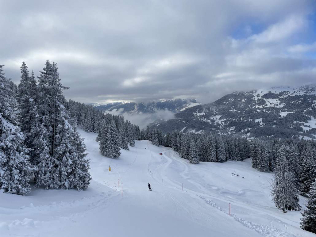 Wechsel auf die Ostseite. Hier verharrte fast ganztags eine hartnäckige Nebelbank. Die Talabfahrt Scharmoin konnte dennoch überzeugen.