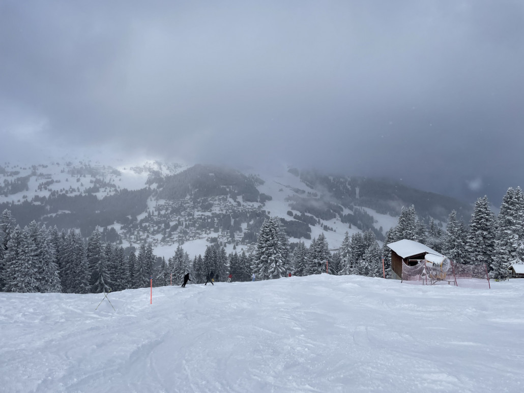 Auf der 28a kugelten auch gestern wieder viele Leute irgendwie herunter. Die Piste war trotz des noch eher frühen Morgens in einem schlechten Zustand: zusammengeschobener Schnee auf hartem/eisigem Untergrund. Dazu voll.