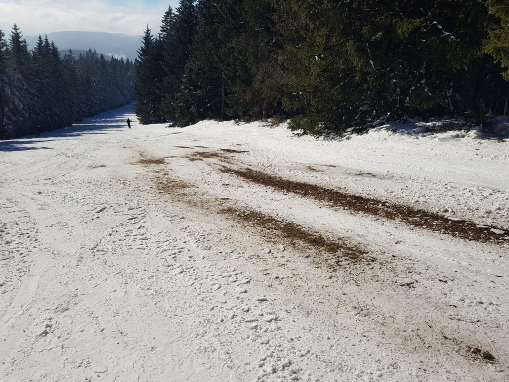 Nahezu geiche Stelle um 13 Uhr. An dem schnellen Abschmelzen wird deutlich, wie dünn die Schneedecke wirklich ist