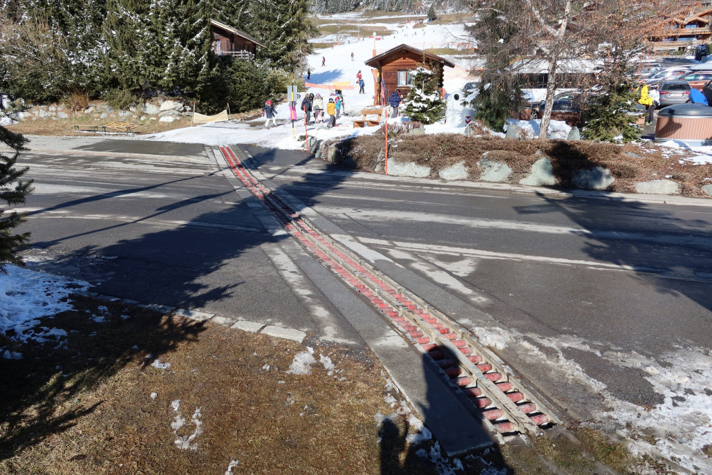 Habe ich vorher noch nie gesehen: Straßenquerung für Ski