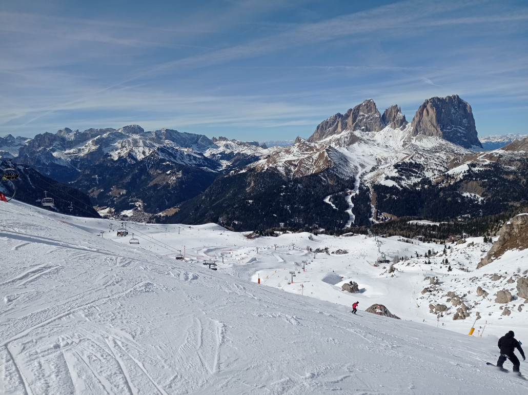 Und schon sind wir am Belvedere mit Traumblick zum Rosengarten und Langkofel