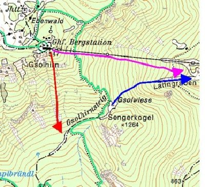 Rot ... Südrinne; blau ... Lahngraben; Pink ... Seilbahngraben