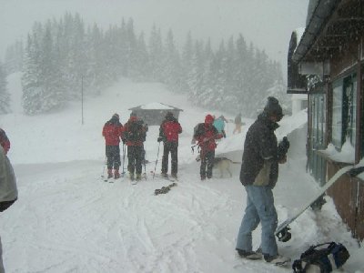 Schneefall fast den ganzen Tag. Beim Fahren störts allerdings kaum, da die Rinnen unterhalb der Waldgrenze und zudem wingeschützt sind.