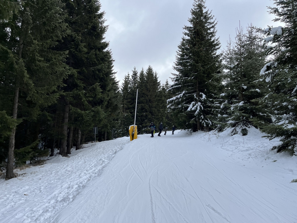 Zufahrt vom Parkplatz zur Talstation 4KSB CinestarExpress steinfrei und mit ausreichend Schneeauflage (das kenne ich auch anders)