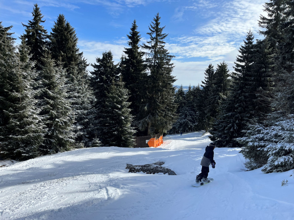 Vor der schönen S-Kurve ging es links (dank eine Raupenspur) oder rechts (dank genügend Schnee) am Wasserloch vorbei - im Hintergrund rechts der Abzweig des Crottendorfer Weg