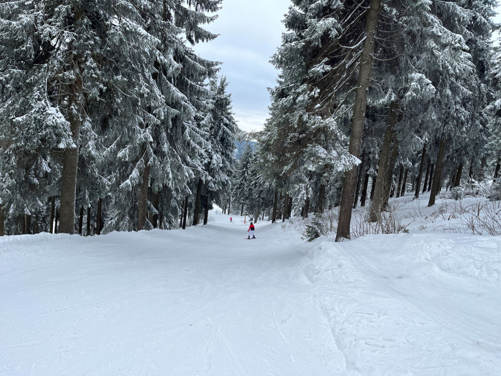 Auch das steilere Stück, durch die Anfänger gern abgerutscht, gestern gut fahrbar und nicht eisig
