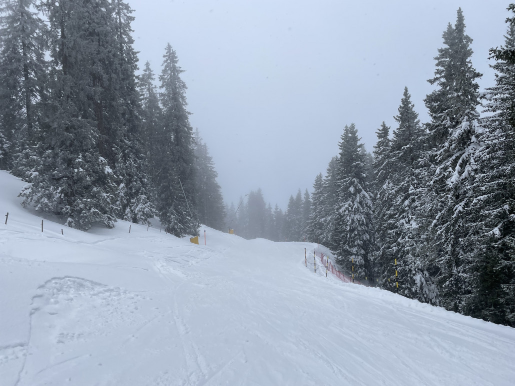 Verschneite Talabfahrt.