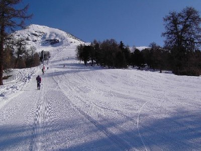 Piste Illhorn. Miese Pistenpräparierung. Hohe harte Absätze zwischen den einzelnen Spuren der Pistenraupen, bei einer Carvingpiste (und auch sonst) einfach scheisse.
