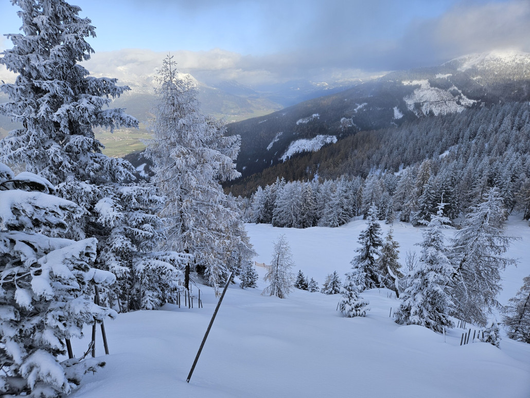 Die eine offene Piste schon sehr zerfahren und hügelig. Im Gelände sind es ca. 25 cm Neuschnee auf 20 cm hartem Untergrund.