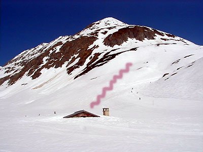 Val Val: Nette Variantenabfahrt in den Südwesthängen des Crispalt, von unten gesehen (April 1999)