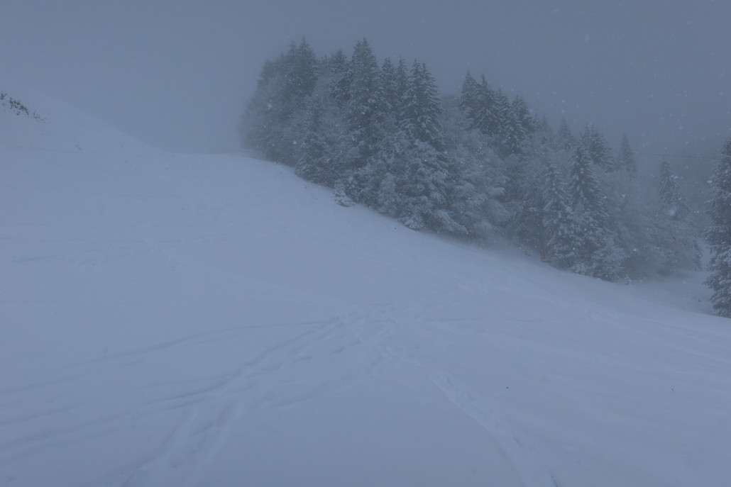 Unpräparierter Steilhang nahe der Bergstation des Rotlache Lifts, der kaum zu erkennen rechts im Bild verläuft