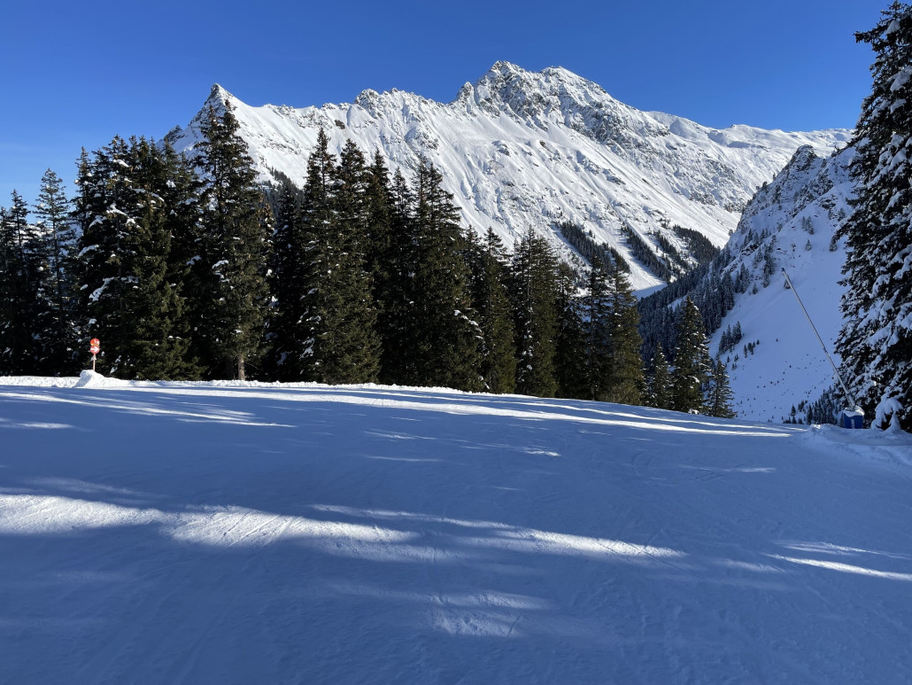 Auch die rote Talabfahrten mag ich: lang, oben mit Varianten, dann schön kupiert durch den Wald.