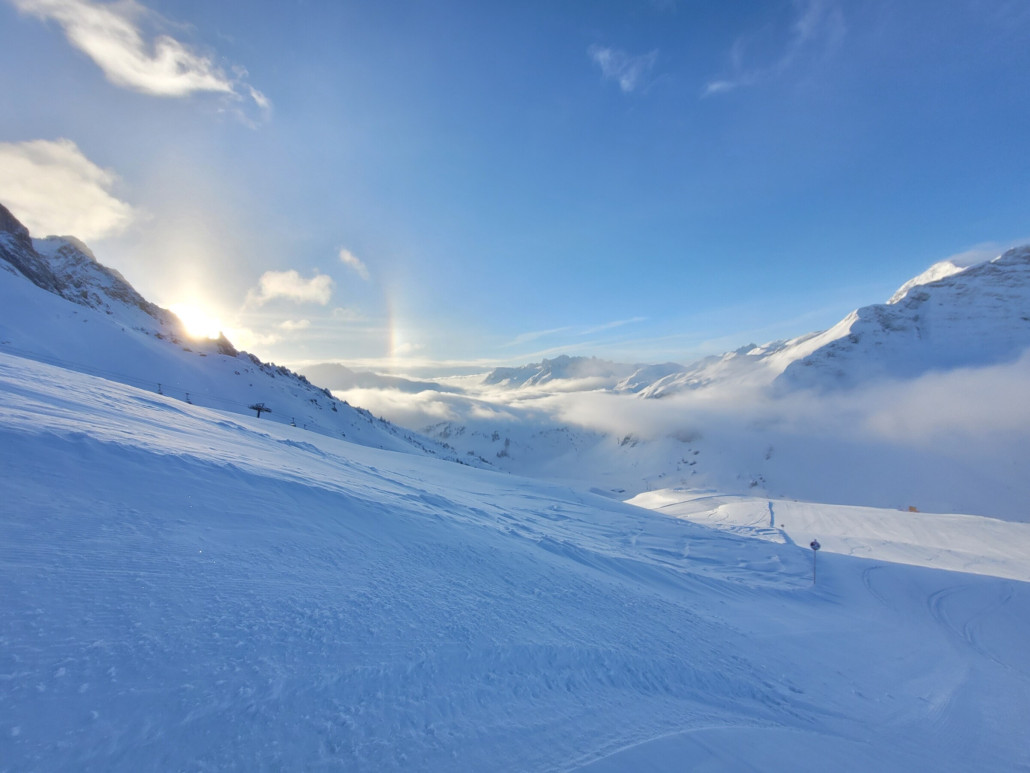 Einmalige Piste hinunter zum Auenfeldjet, der erst um 9.15 öffnet. Besser geht es nicht. Es gab noch 2 Wiederholungsfahrten.