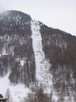 Ordentlich steiles Trasse d. 4-EUB Fréjus. Erinnert irgendwie an die Brauneck-Bahn. Schön zu sehen, die gelben Kabinen.