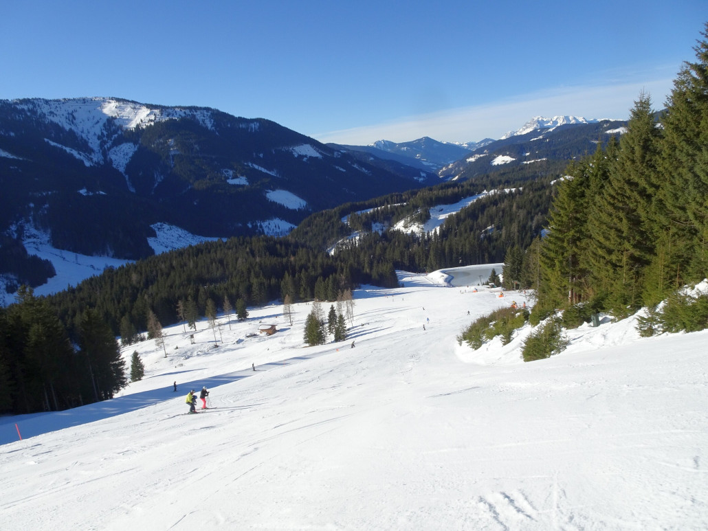 Da unten kommen die rote und die blaue Grossbergpiste zusammen. Rechts der Mitte wieder die Bergstation des Skilift Halsegg.
