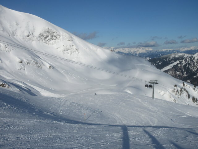 Piste Gipfelbahn - Hochalm, darüber die 8-MGD Gipfel, im Hintergrund die Bergstation des 2-SL Grat (2.070 m)