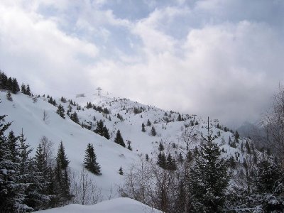 Blick von der Piste &amp;quot;Cascade&amp;quot; hinauf zur Alpette. Man sieht, wie groß die PB und Stütze sind, und die komplette Trasse der 1,5 km langen 4-SB Clos Giraud.