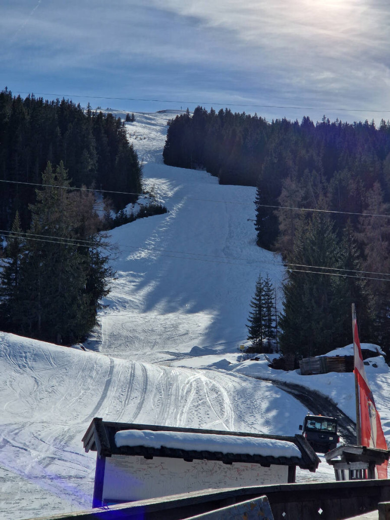 Blick von der Sattelbergalm auf die Hauptpiste oben; ist schon recht knackig