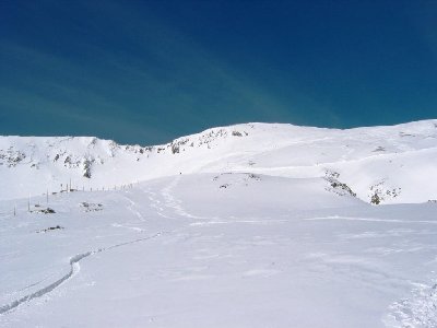 Die &amp;quot;Cristaux&amp;quot; zieht in einem weiten Bogen vom Funitel zur &amp;quot;Sarenne&amp;quot; hinunter. Nicht viel befahren, das sind unsere mühsamen Wedelspuren da oben