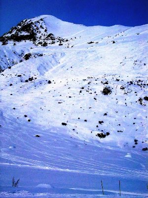 Dieser Bereich im Zoom. Wie man ganz oben sieht, queren einige Heinis aus dem oberen &amp;quot;Sarenne&amp;quot;-Bereich/&amp;quot;Cristaux&amp;quot; um den ganzen Berg, um von ganz oben in diesen Hang einfahren zu können