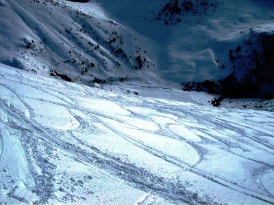 Diesen Hang sind wir direkt hinuntergestochen. In Bildmitte der &amp;quot;Sarenne&amp;quot;-Ziehweg. Von oben biegt hier die &amp;quot;Col de Cluy&amp;quot; auf eben diesen ein.