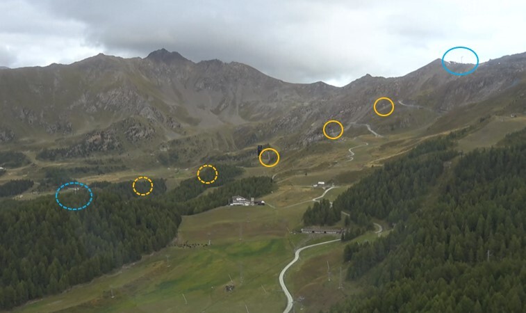 Strecke der neuen EUB von Westen aus gesehen. An der Bergstation, wo auch das Restaurant gebaut wird, steht ein auffälliger Kran.