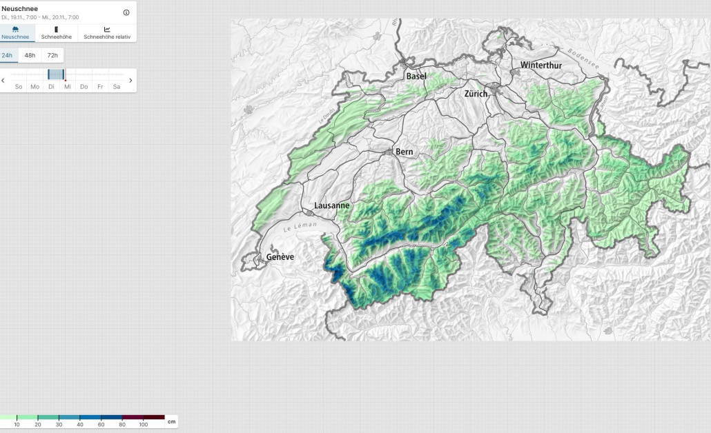 Neuschneemengen Schweiz letzte 24h