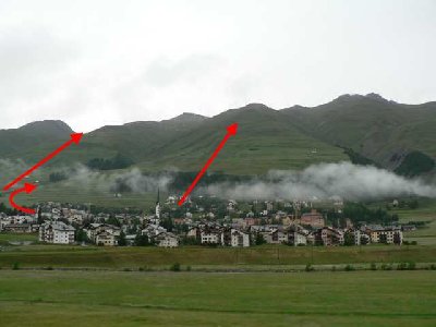 Skigebiet Zuoz von rechts nach links, Albanas, Survih und Pizette.