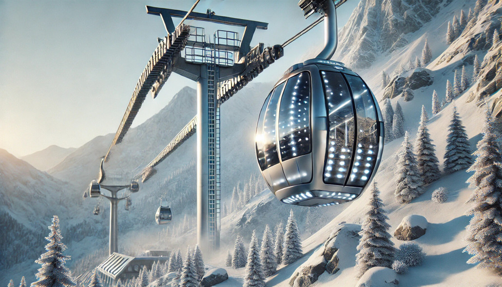 DALL·E 2024-12-19 13.03.01 - A photo-realistic depiction of a futuristic cable car hanging from a cable over a snowy mountain in winter. The gondola has a sleek, metallic design w.jpg