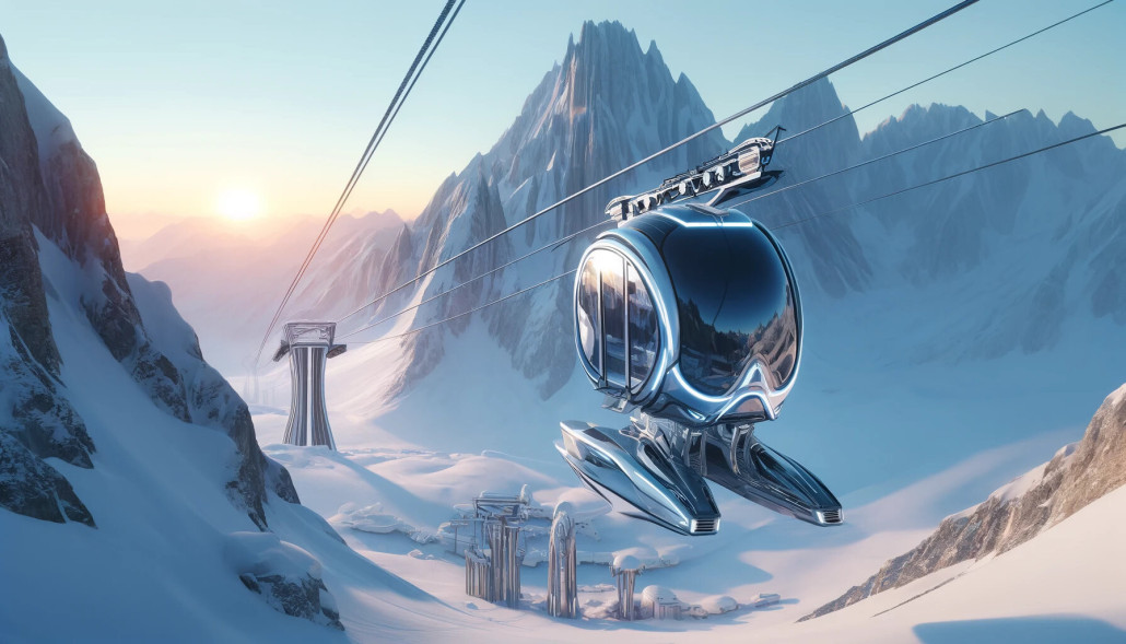 DALL·E 2024-12-19 13.02.43 - A futuristic cable car gliding over a snowy mountain in winter. The cable car features a sleek, high-tech design with glowing blue lights and transpar.jpg