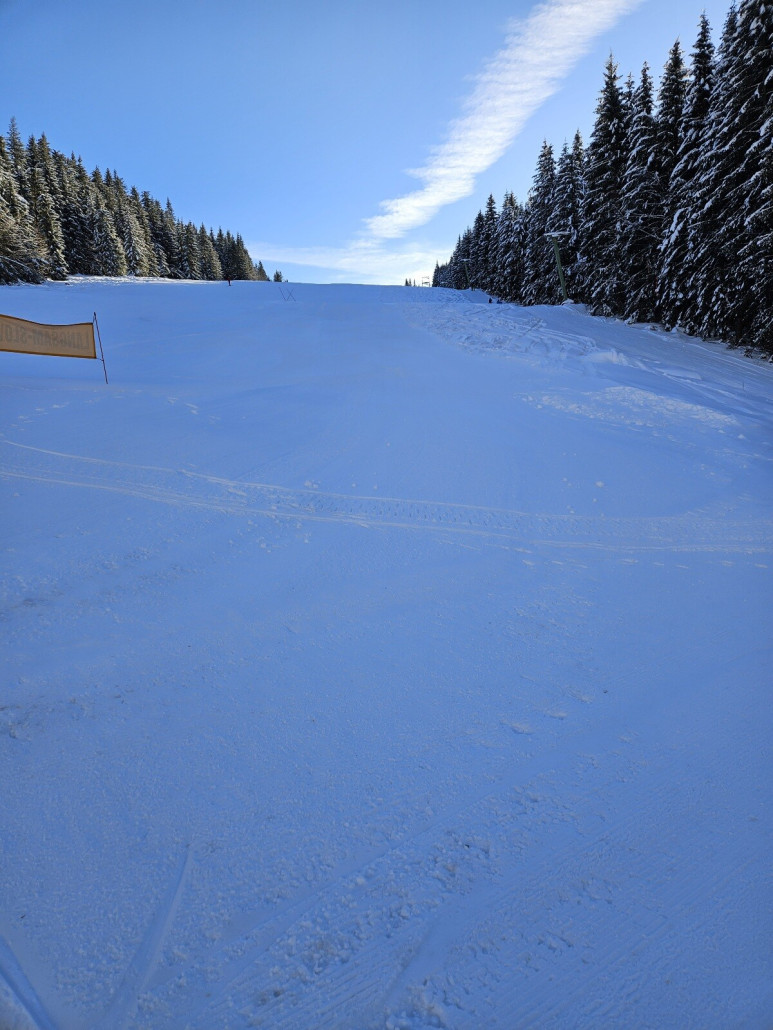 Am Kurvenlift. Die Trasse geht gut getarnt am rechten Wald entlang. Diese Piste war schon etwas eingefahrener, griffiger. Lud zum Wiederholen ein