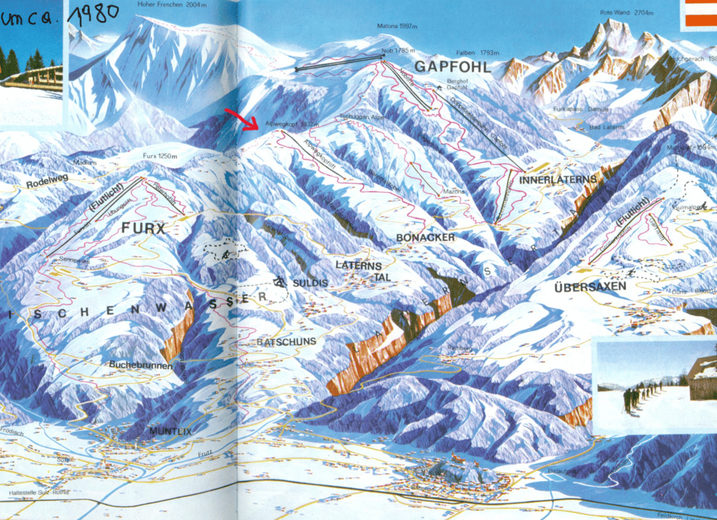 Pistenplan um ca. 1980 des Skigebiet Laterns bis Furx